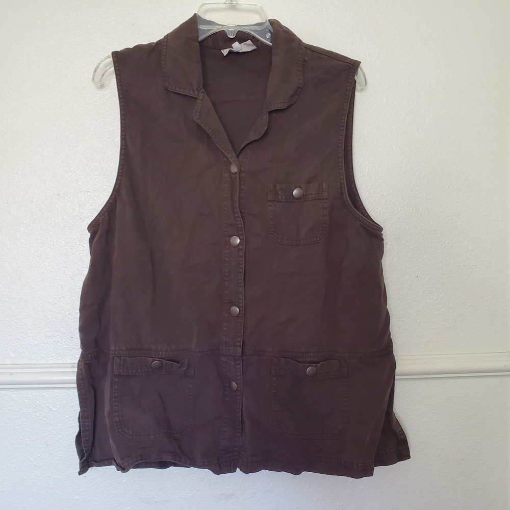 David Dart Sport Womens Brown Tencel Cotton Snap Front Utility Pocket Vest M